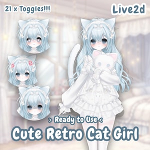 May include: A digital illustration of a cute retro cat girl with light blue hair and cat ears, wearing a white dress and holding a white cat plushie. The image includes multiple facial expressions and the text "21 x Toggles!!!" and "Ready to Use".