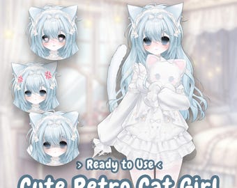 LIVE 2D Model Niedlichkeit Retro Cat-Girl Vtube Modell | Gebrauchsfertige Premade Vtuber | Youtube Stream/Twitch Live-Bild von einem vollgeladenen Vtuber Studio