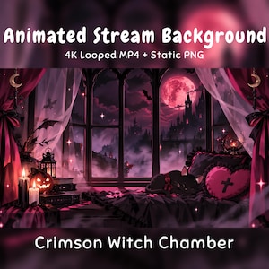 Puede incluir: Fondo de transmisión animado titulado Crimson Witch Chamber, que muestra una habitación oscura con una ventana grande, una luna roja, un gato negro, un cojín en forma de corazón con una cruz, velas y una calabaza. Incluye MP4 4K y PNG estático.