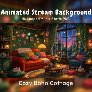 Può includere: Sfondo animato per stream che mostra l'interno di un accogliente cottage con un divano rosso, una poltrona blu, un tavolino in legno e luci sospese a forma di stella e cuore, con una libreria, piante e una grande finestra panoramica.