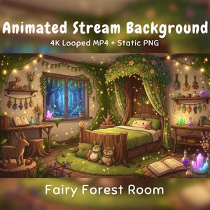 以下が含まれることがあります： Fairy Forest Roomと題されたアニメーションストリーム背景。木の形をしたベッドフレーム、緑の寝具、ぬいぐるみ、木製家具、光るフェアリーライト、クリスタル、本、吊るされたドライフラワーが特徴の寝室が描かれています。