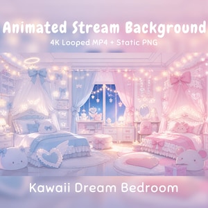 Pode incluir: Um fundo de stream animado intitulado Kawaii Dream Bedroom mostrando um quarto com duas camas, uma azul e uma rosa, decoradas com laços, luzes de fada e almofadas em forma de coração. O texto diz Animated Stream Background 4K Looped MP4 + Static PNG.