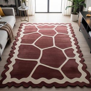 Modern Geometric Area Rug – Rust Cream Abstract Pebble Scalloped Carpet