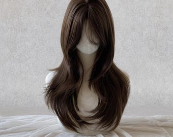 Mittelteil überlagerte lange gerade volle Perücke: Hitzebeständiges synthetisches Haar, tägliche Kleidung für Frauen, natürliches realistisches Geschenk für Sie