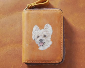 Leather Card Holder Wallet:Custom Hand Painted Pet Portrait,Minimalist Card