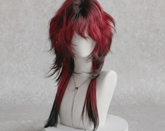 Peluca estilo mullet con degradado rojo y negro: flequillo recto y bordes capeados. Transfórmate en un héroe de anime, luce segura y genial todos los días.