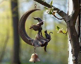 Witch Moon Cat Wind Chime, Witchy Outdoor Ornament, Spooky Garden Yard Art, Halloween Wind Chime, Mystical Hanging Decor, Celestial Ornament