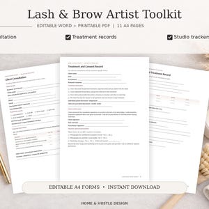 Puede incluir: Un kit para artistas de pestañas y cejas que incluye 11 páginas A4 de formularios editables en Word y PDF imprimibles. Los documentos contienen consultas de clientes, registros de tratamiento y rastreadores de estudio.