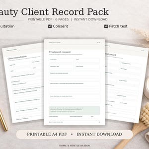 Peut inclure: Un pack de fiches de suivi client beauté en PDF imprimable comprenant six pages avec des formulaires de consultation, de consentement et de test cutané. Les documents présentent un fond blanc avec du texte noir et des champs pour les noms.