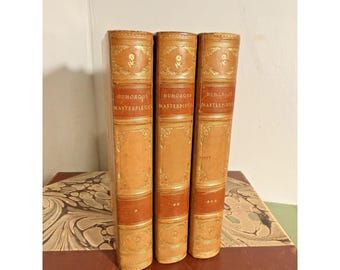 Antieke 3-delige set humoristische meesterwerken leergebonden verguld Putnam 1891 decor