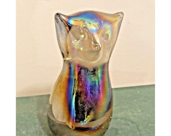 Figura de gato de vidrio artístico iridiscente vintage, soplado a mano, pisapapeles decorativo