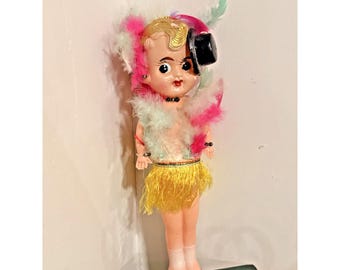 VTG Celluloid Kewpie Flapper Carnival Doll 30's Cane Gold Hair Japan 8" K21