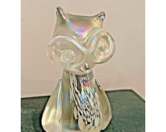 Figura vintage de búho de cristal iridiscente soplado a mano, pisapapeles decorativo