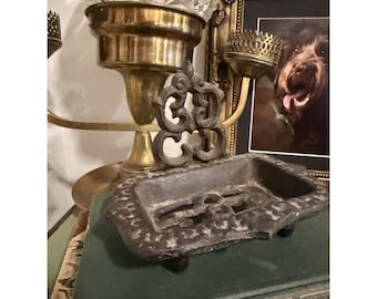 Vintage Cast Iron Soap Dish Ornate Scroll Footed Bathroom Tray Dark Patinale