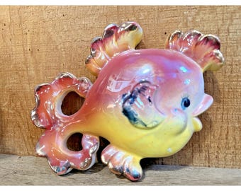 Vintage Iridescent Ceramic Fish Wall Pocket Pink Yellow Gold Mid Century