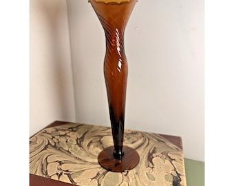 Vintage Amber Glass Tall Vase Twisted Optic Ruffled Rim
