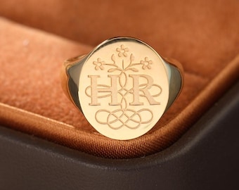 Anillo de sello con monograma de oro de 18 quilates con iniciales personalizadas y nudo real eterno.