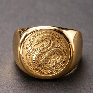 Peut inclure: Une bague chevalière dorée présentant une face circulaire avec un motif de serpent gravé. Le serpent est représenté en position enroulée, entouré de motifs de lignes fluides et complexes qui imitent l'apparence de flammes ou de fumée stylisée.