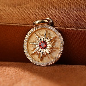 Vintage 18K Gold Sun Medal Pendant | Baldur Norse God Ruby Diamond Coin