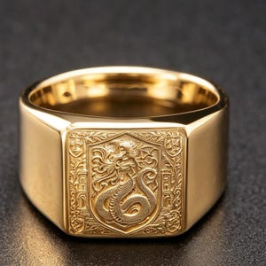 Puede incluir: Un anillo de sello en tono dorado con una cara cuadrada y un diseño grabado intrincado. El motivo central representa una criatura mítica serpentina dentro de un borde en forma de escudo, flanqueado por símbolos heráldicos y follaje.