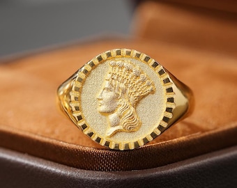 18K Gold Ancient Coin Goddess Ring Vintage Brush Finish European Royal Symbol