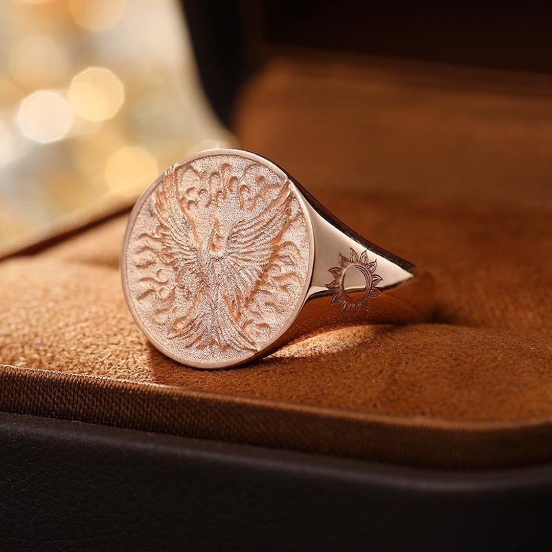 18K Gold Phoenix Sunburst Signet Ring, Mythical Rebirth Men's Ring - Etsy