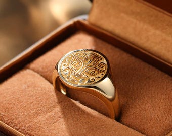 18K Gold Taotie Ring Chinese Myth Beast Feng Shui Wealth Men