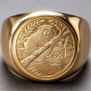 Pode incluir: Um anel de sinete dourado com uma face circular apresentando um design em relevo de um castor segurando um ramo. O fundo da gravação retrata uma cena de rio com pequenas estruturas em ambos os lados, com um acabamento dourado polido.