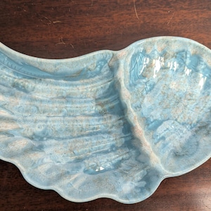 May include: A light blue, ceramic serving dish with a unique, wing-like shape. The dish has two sections and a textured, marbled appearance. The color is a mix of light blue and white, creating a sea-like aesthetic. The dish is approximately 12 inches long.