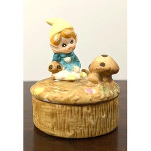 Vintage HOMCO Pixie Gnome Mushroom Trinket Box Lidded Hand Painted 70's Decor