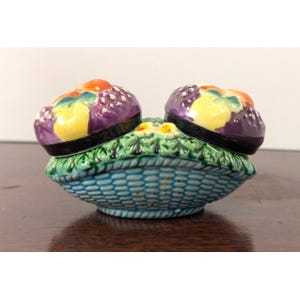 Vintage 1960s Ceramic Fruit Basket Salt & Pepper Shaker Set Japan Multicolor