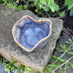 May include: A small, handmade ceramic bowl with a wavy rim. The bowl features a blue interior with a swirling pattern and a brown and tan rim. The bowl is sitting on a gray stone surface, surrounded by green plants.