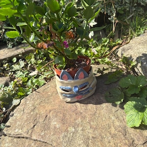 May include: A ceramic plant pot shaped like a cat face with pointed ears, blue whiskers, and a pink nose. The off-white pot holds a small brown plastic container with a green leafy plant featuring small purple flowers growing from the soil.