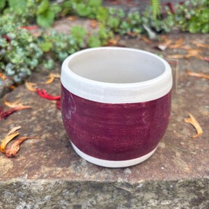 May include: A ceramic cup with a rounded shape, featuring a wide band of deep burgundy color around the center and a smooth white rim and base. The surface of the burgundy section shows visible brushstroke textures, while the interior is white.
