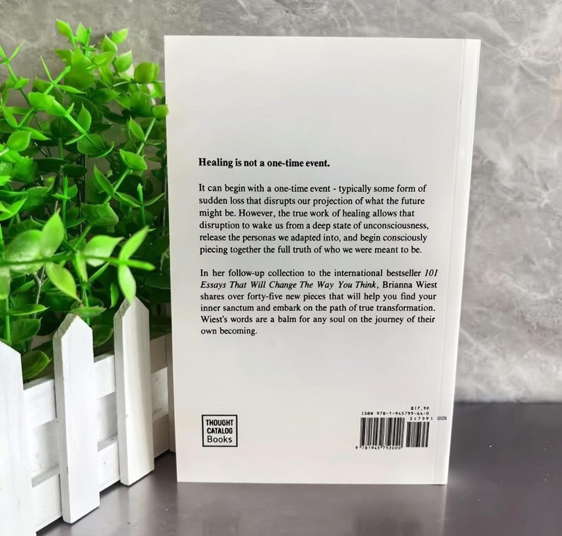 May include: A white book with the title "101 Essays That Will Change The Way You Think" by Brianna Wiest. The book's back cover features text about healing and transformation, with the Thought Catalog Books logo.