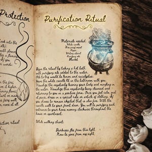 Puede incluir: Libro abierto con texto manuscrito e ilustraciones. La p&aacute;gina de la derecha detalla un "Ritual de Purificaci&oacute;n" con un dibujo de un caldero. El texto enumera los materiales necesarios y las instrucciones del ritual, incluyendo un canto.