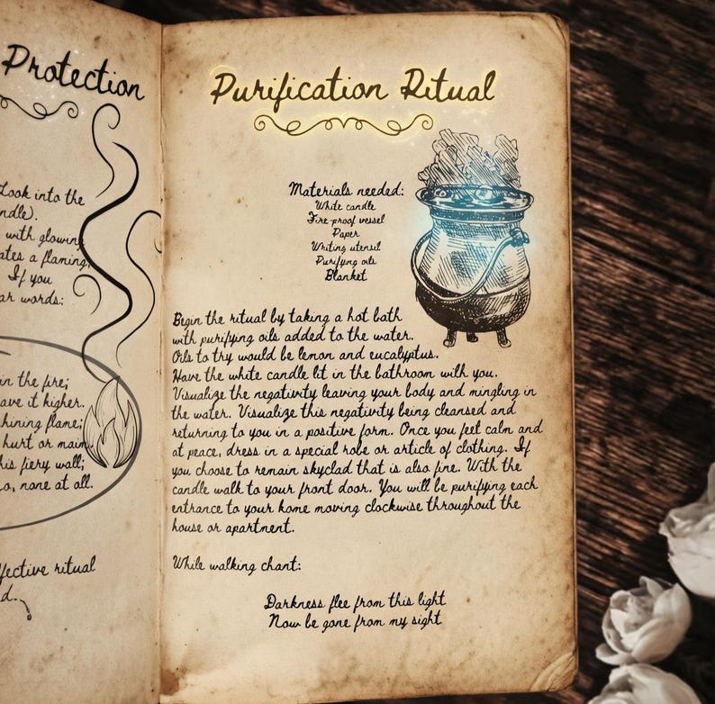 Puede incluir: Libro abierto con texto manuscrito e ilustraciones. La p&aacute;gina de la derecha detalla un "Ritual de Purificaci&oacute;n" con un dibujo de un caldero. El texto enumera los materiales necesarios y las instrucciones del ritual, incluyendo un canto.