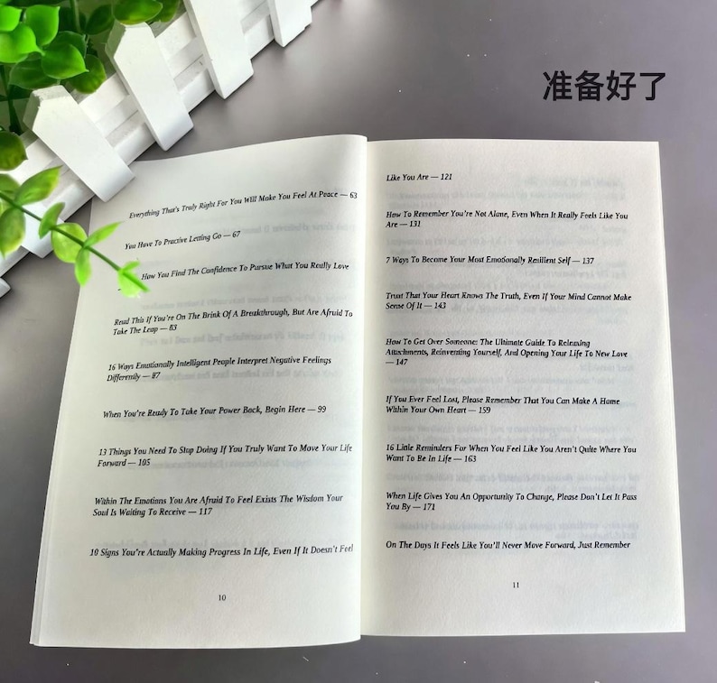 May include: Open book with text on white pages. The left page lists titles like "Everything That's Right For You Will Make You Feel At Peace." The right page includes titles such as "Like You Are." The book is open on a light gray surface.