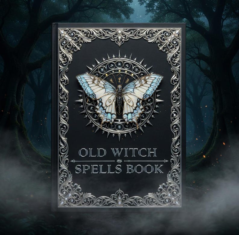 Puede incluir: Un libro de hechizos negro con filigrana plateada y un dise&ntilde;o de mariposa. La portada del libro dice "OLD WITCH SPELLS BOOK" en texto blanco. La mariposa tiene alas azules y blancas, sobre un fondo de bosque oscuro.