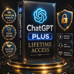 May include: A black rectangular box with gold trim featuring the glowing blue ChatGPT logo and the text ChatGPT PLUS LIFETIME ACCESS. The box is surrounded by gold circular badges and rectangular icons displaying text like PREMIUM QUALITY, 100% SECURE, and INSTANT ACCESS.