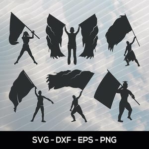 Könnte beinhalten: Eine Sammlung von sechs schwarzen Silhouetten, die Personen in verschiedenen Posen mit Flaggen darstellen. Die Figuren sind in dynamischen Haltungen mit wehendem Stoff zu sehen. Der Text SVG - DXF - EPS - PNG steht am unteren Bildrand.