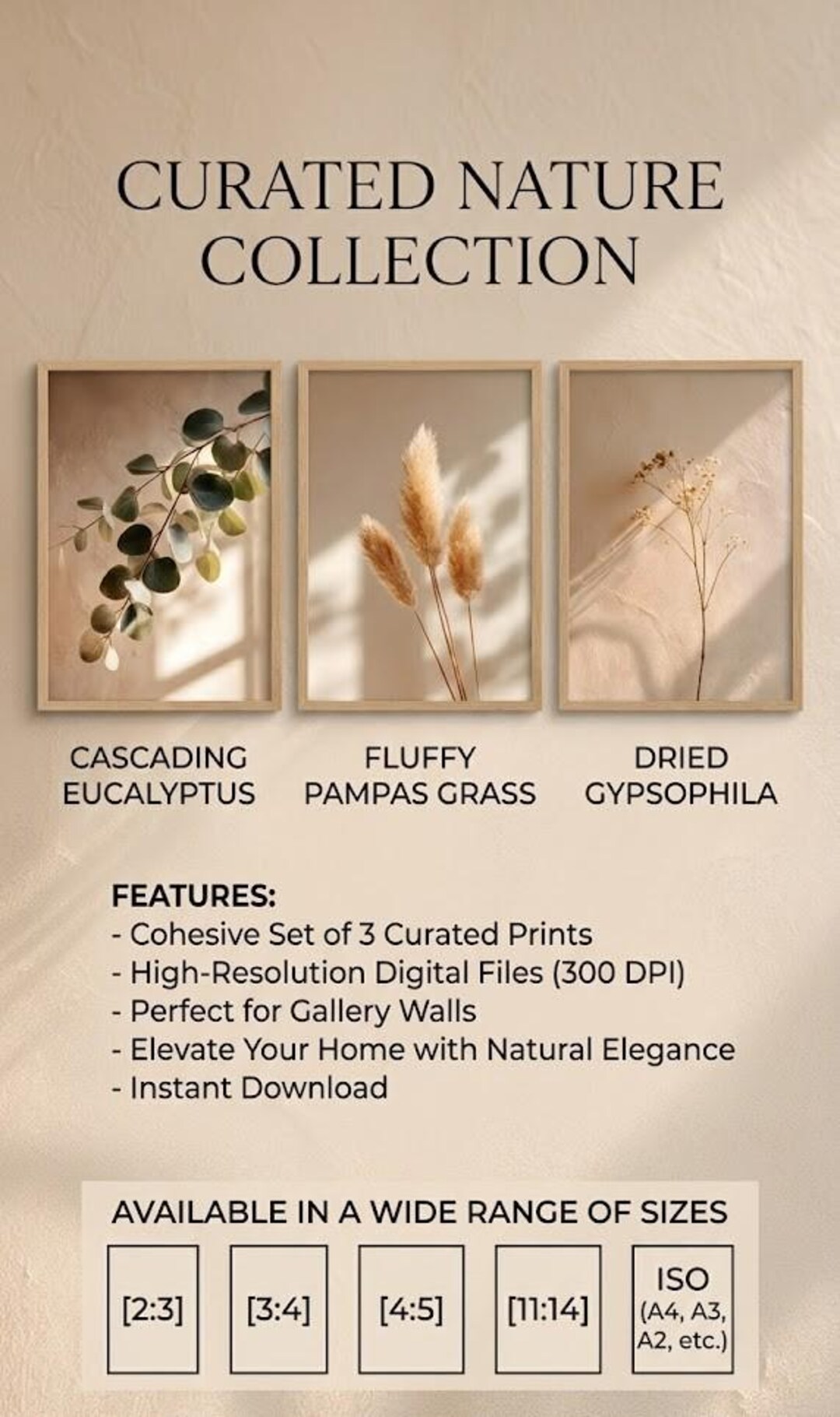 Set of 3 Boho Botanical Prints, Neutral Beige Wall Art (digital ...