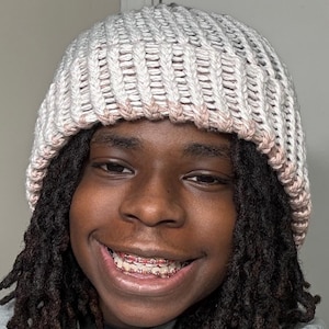 Handmade Two-Tone Gray & Cream Knit Hat - Lightweight, Relaxed Fit