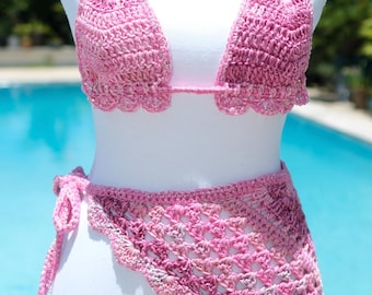 Two piece bathing suit hand made crochet cover-up pink and silver