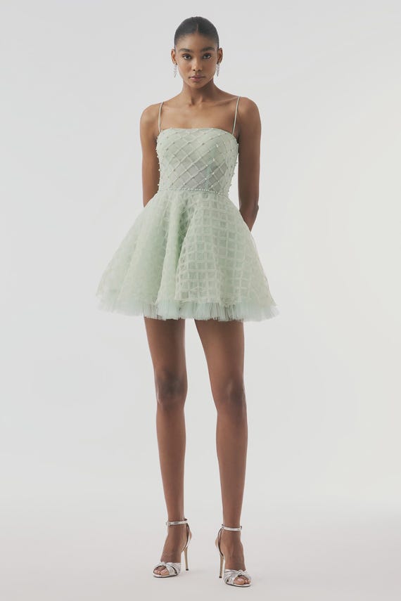 Eucalyptus Pearl Embellished Tulle Mini Dress - Luxury Cocktail Gown for Summer Nightlife Party