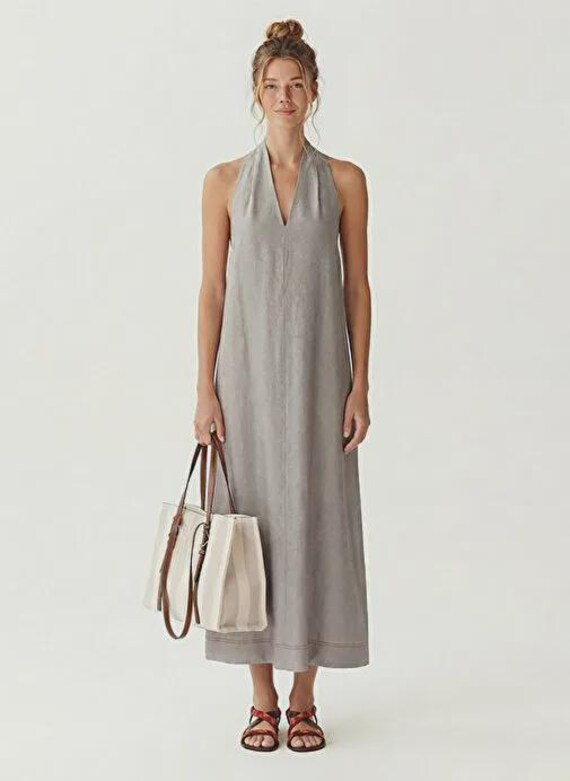 loose halter dress Gray Maxi Fit Summer Minimalist Beach Resort A-line Sleeveless Sundress blue Wrap dress summer