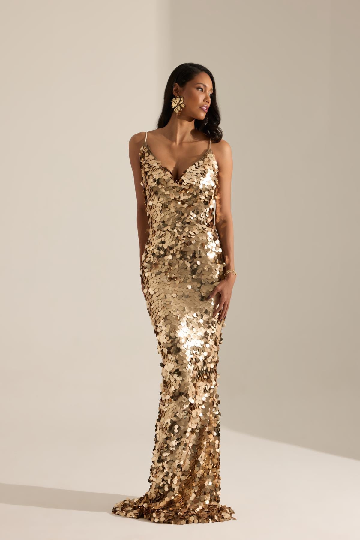 guy in red dress at golden globes Ieena for Mac Duggal - Gold Metallic Off The Shoulder Gown main image 1