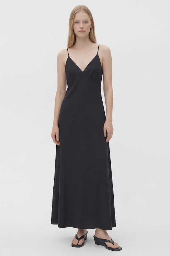 Black Slip Maxi Dress V Neck Cross Back Silk Touch Modal Summer Evening Gown Minimalist Cocktail Strappy Long