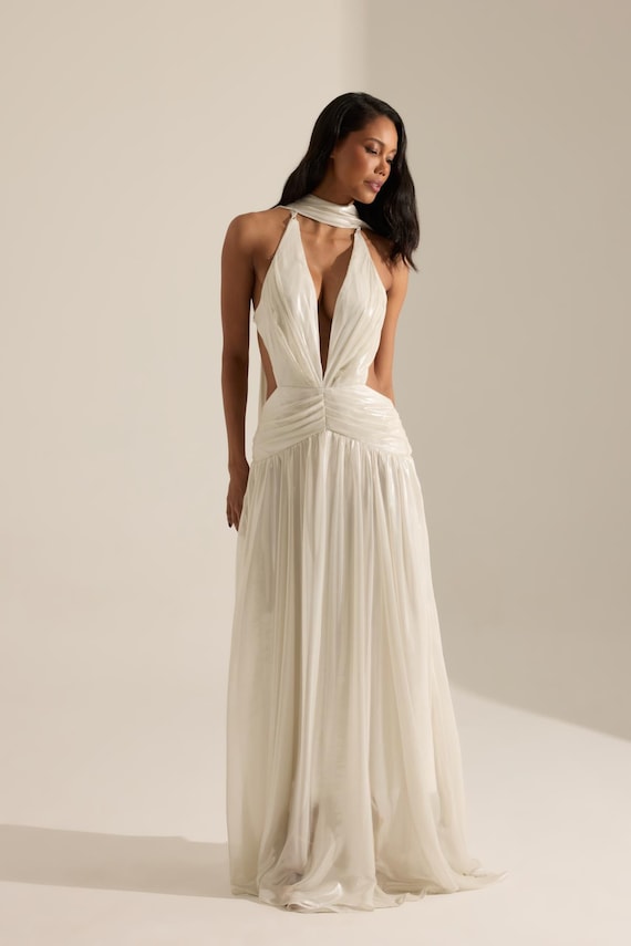 white halter neck graduation dress Metallic Long Evening | Shiny Formal Gown for Weddings Prom Party sexy dres