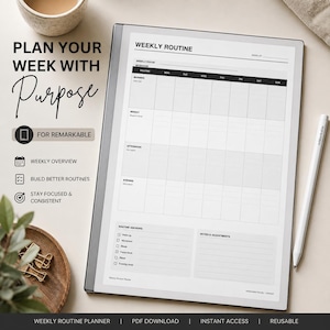 Op de afbeelding: Een digitale tablet met een wekelijkse routineplanner-sjabloon met kolommen voor de dagen van de week en rijen voor ochtend, middag, namiddag en avond. Het scherm toont secties voor routineankers en notities, vergezeld van een witte styluspen.